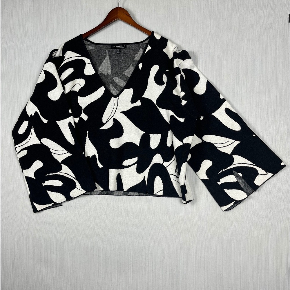 Black White Abstract Sweater Women 22/24 V-Neck Wide Sleeve Art to Wear Bold